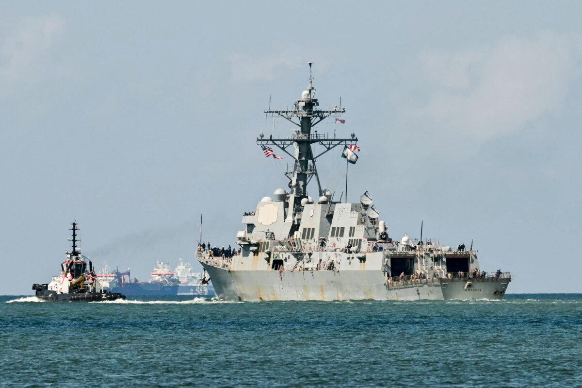 The USS Gravely, a US Navy warship, departs the Port of Port of Spain on Oct. 30, 2025. (Martin Bernetti/AFP via Getty Images)