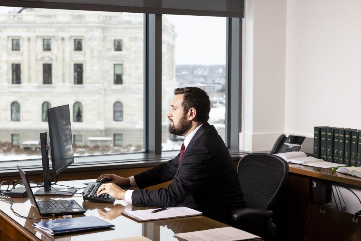 Minnesota state Sen. Michael Holmstrom in his Senate office in St. Paul, Minn., on Dec. 8, 2025. (Jenn Ackerman for The Epoch Times)