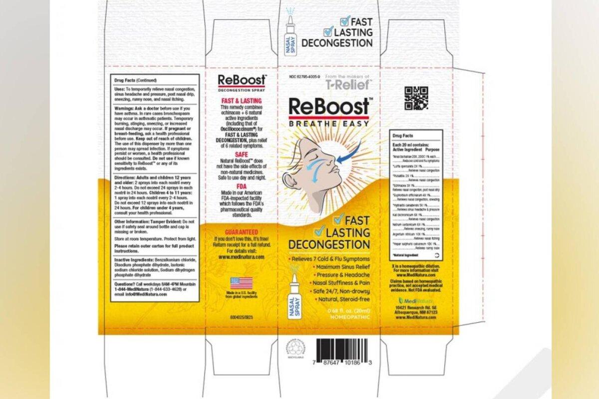 An undated image of the recalled MediNatura ReBoost nasal spray container. (Courtesy of the FDA)