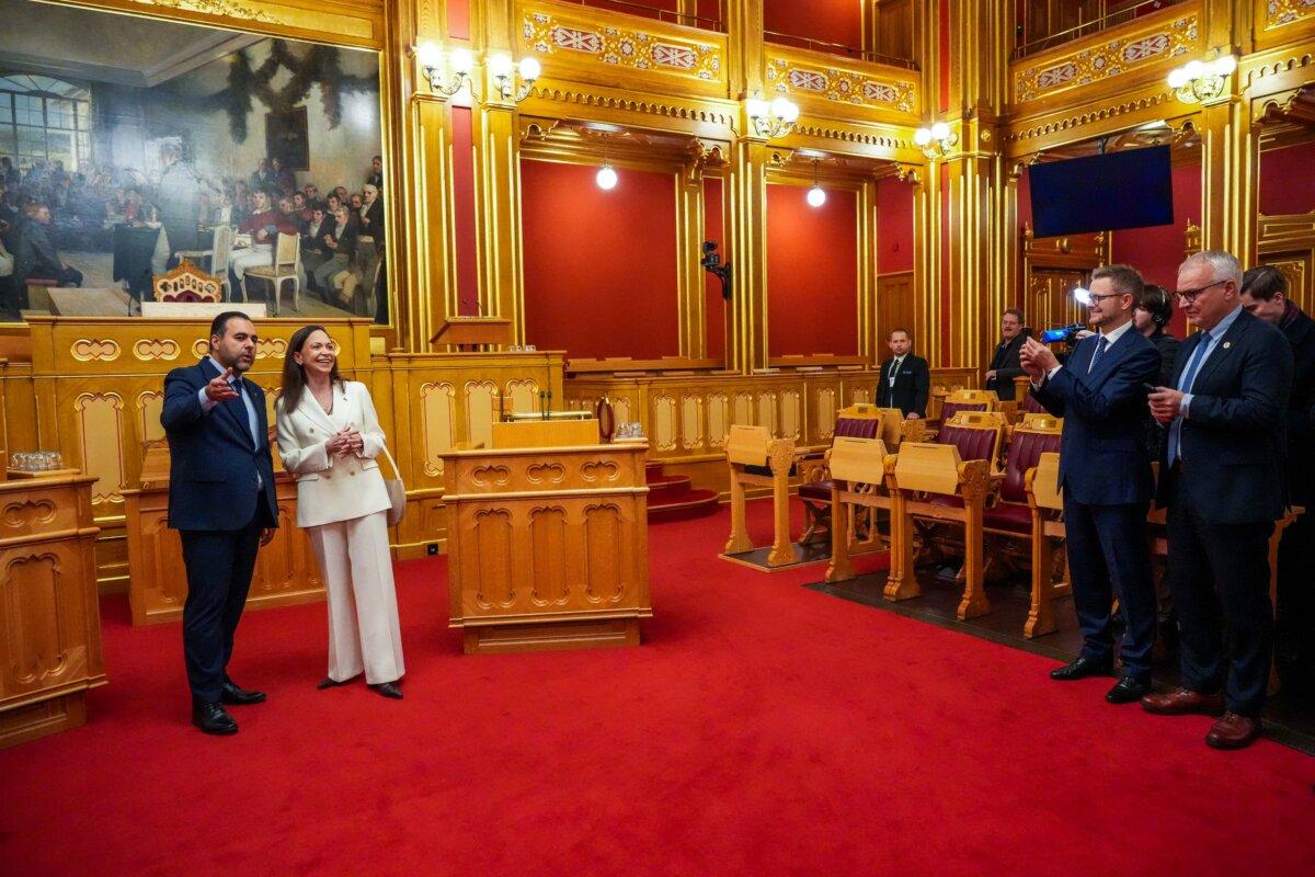 Nobel Peace Prize winner María Corina Machado visits the Storting with the President of Norway's Parliament (Storting) Masud Gharahkhani in Oslo, on Dec. 11, 2025. (Ole Berg-Rusten/NTB/AFP via Getty Images)
