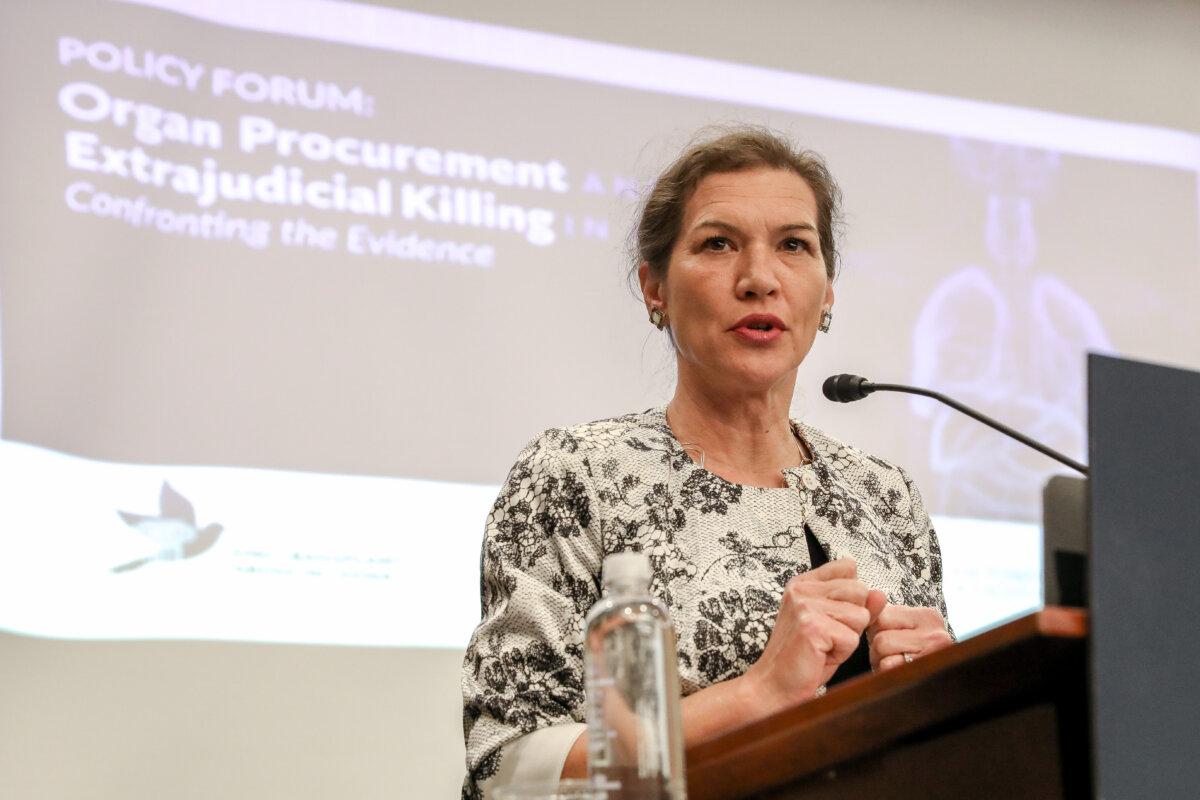 Louisa Greve, director of Global Advocacy at Uyghur Human Rights project, speaks at the Policy Forum on Organ Procurement and Extrajudicial Execution in China on Capitol Hill on March 10, 2020. (Samira Bouaou/The Epoch Times)