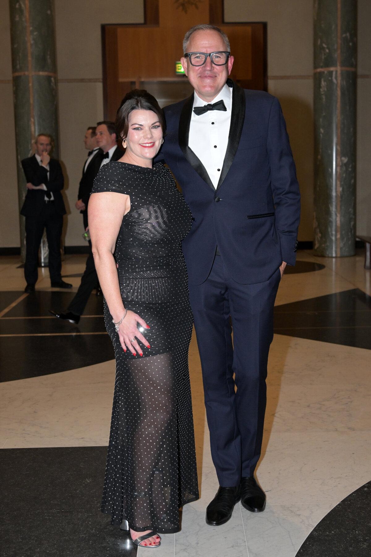 Greens Senator Sarah Hanson-Young and her husband arrive at the Midwinter Ball at Parliament House in Canberra, Australia, on July 3, 2024. (Tracey Nearmy/Getty Images)