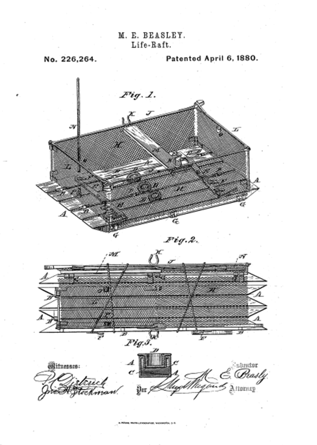 Beasley's first life raft patent, April 6, 1880. (Public Domain)