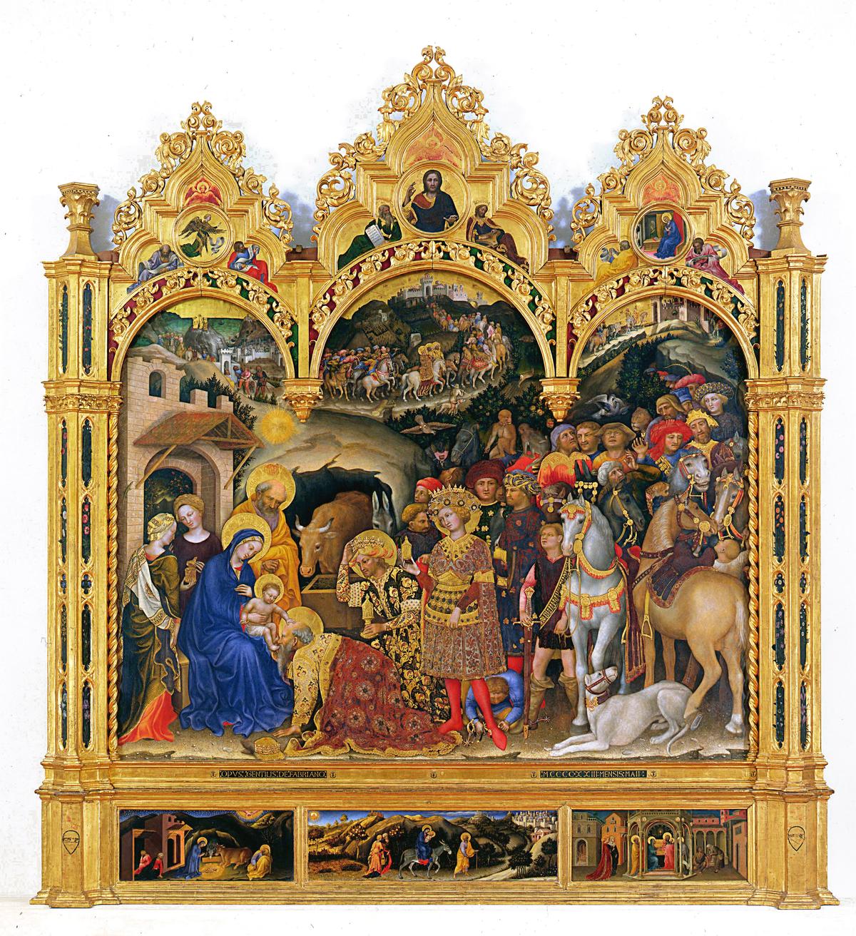 "Adoration of the Magi," 1423, by Gentile da Fabriano. Tempera on panel; 118 inches by 111 inches. Uffizi Galleries, Florence, Italy. (Public Domain)