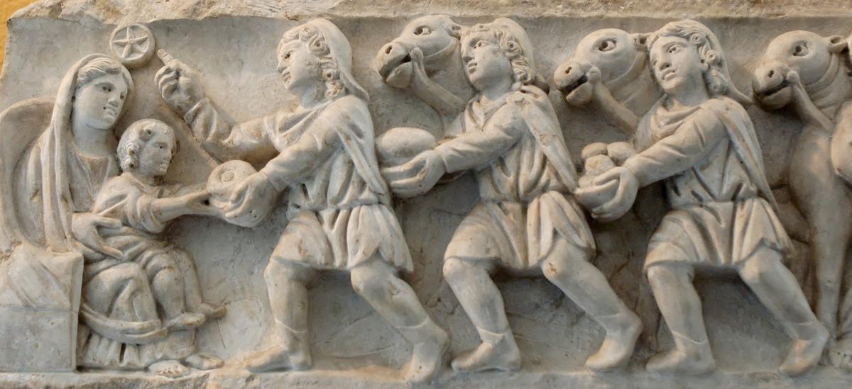 "Adoration of the Magi" panel, 4th century, from a Roman sarcophagus at the cemetery of St. Agnes in Rome. Vatican Museums, Rome. (Public Domain)