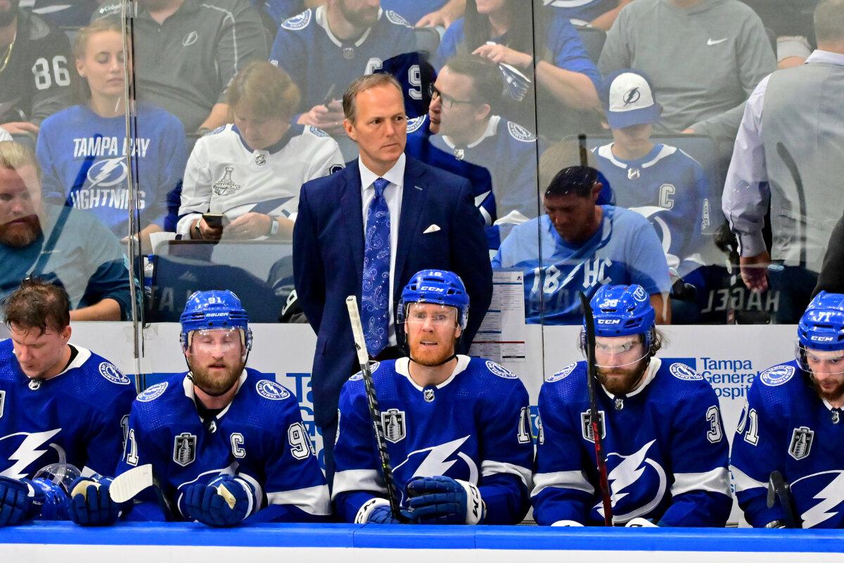 Head Coach Jon Cooper of the Tampa Bay Lightning looks on during the second period against the Colorado Avalanche in Game Four of the 2022 NHL Stanley Cup Final at Amalie Arena in Tampa, Fla., on June 22, 2022. (Julio Aguilar/Getty Images)