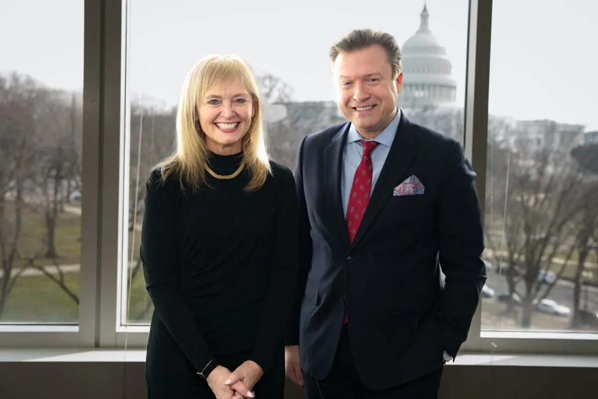 Katrina Lantos Swett, president of the Lantos Foundation for Human Rights and Justice and co-chair of the International Religious Freedom Summit and Jan Jekielek, Epoch Times senior editor and host of "American Thought Leaders," in Washington on Feb. 2, 2023. (Wei Wu/The Epoch Times)