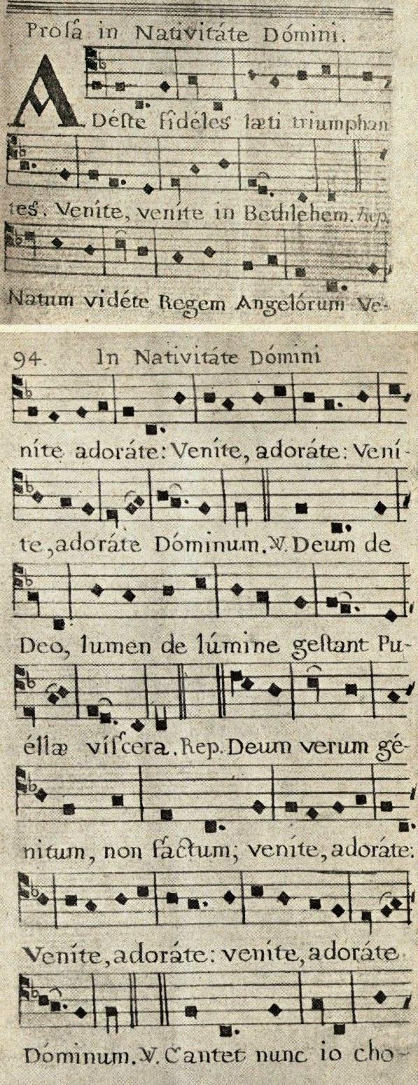 Earliest surviving manuscript of "Adeste Fideles," without author's name, attributed to John Francis Wade, dated 1740s. (Public Domain)