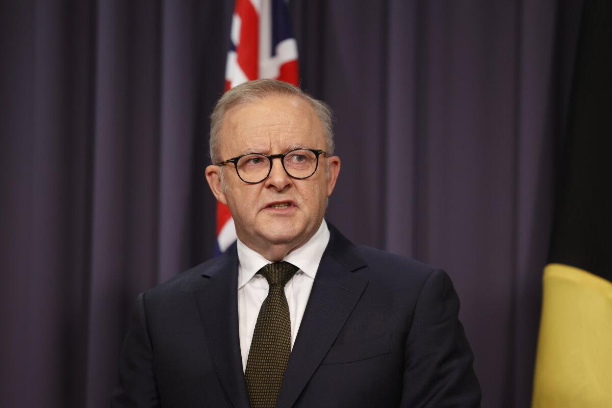 Prime Minister Anthony Albanese speaks to the media at Parliament House Canberra, Australia on Dec. 14, 2025. (Hilary Wardhaugh/Getty Images)