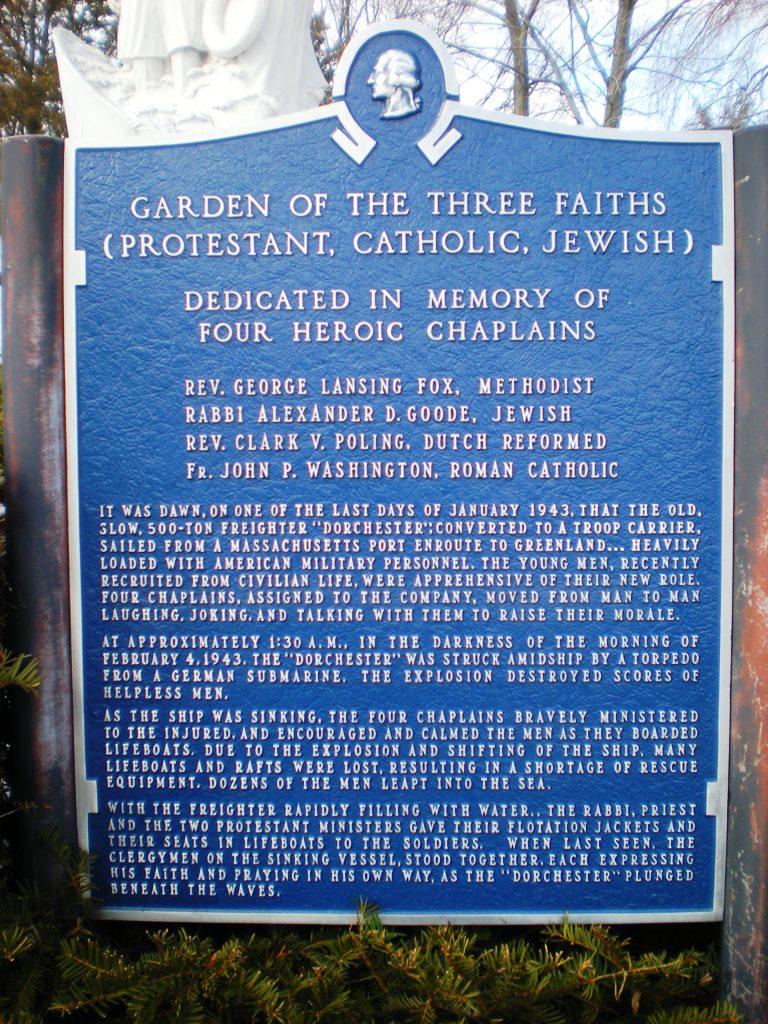 One of the many memorial plaques dedicated to the memory of the four chaplains on the Dorchester. (<a href="https://web.archive.org/web/20161014172618/http://www.panoramio.com/user/3922648?with_photo_id=33041922">WSaves PublicArt</a>/<a href="https://creativecommons.org/licenses/by-sa/3.0/deed.en">CC BY-SA 3.0</a>)