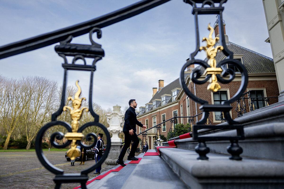 Ukrainian President Volodymyr Zelensky arrives for a meeting with the Netherlands' King at Huis ten Bosch Palace in The Hague, on Dec. 16, 2025. (Robin van Lonkhuijsen/ANP/AFP via Getty Images)