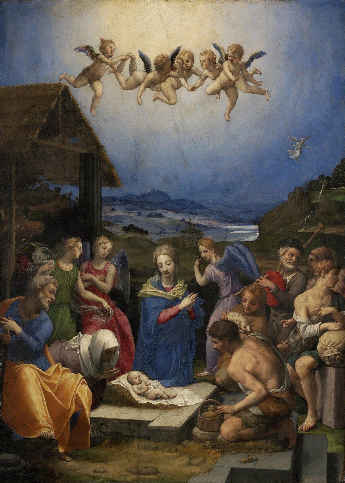 "Adoration of the Shepherds," 1550, by Bronzino. The link between the heavens and earth is remembered at Christmas. (Public Domain)