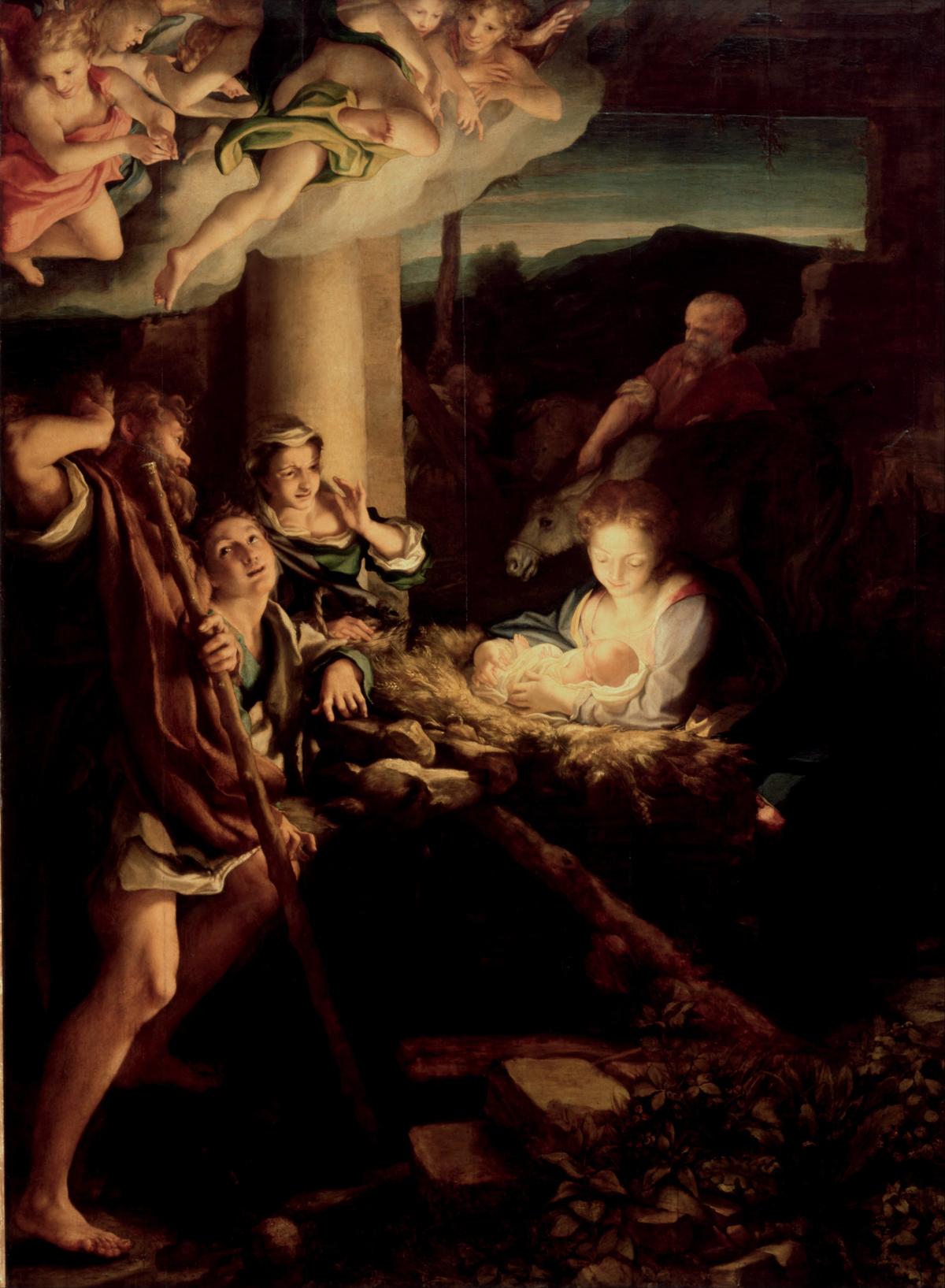 "The Holy Night," circa 1528–1530, by Antonio da Correggio. Oil on poplar wood; 100 inches by 74 inches. Gemäldegalerie Alte Meister, Dresden, Germany. (Public Domain)