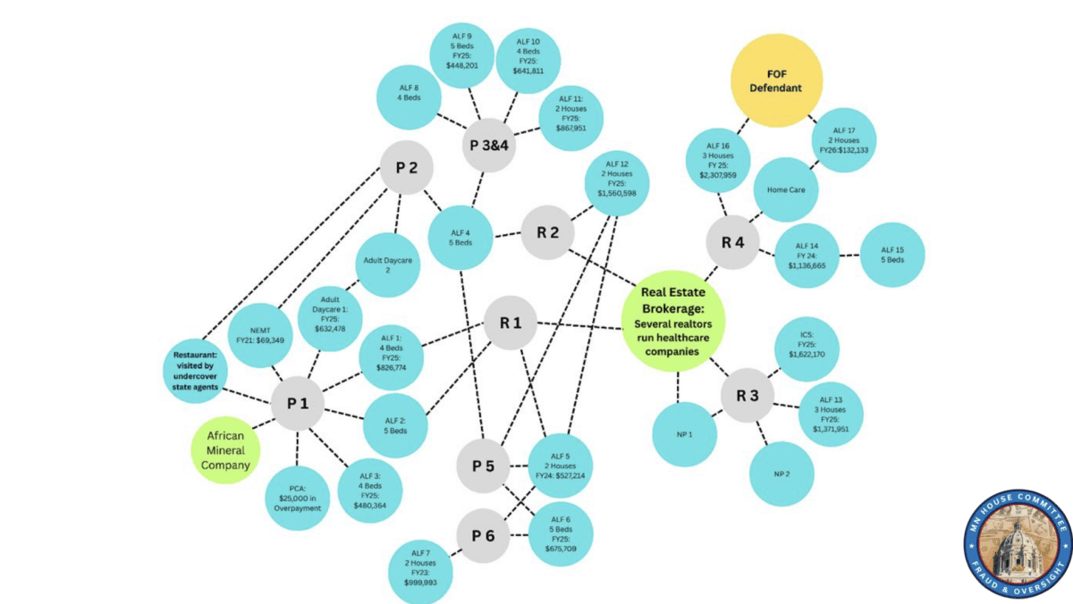 A chart that Minnesota Rep. Kristin Robbins presented at a hearing shows how an indicted fraud suspect is allegedly tied to other people, businesses, and taxpayer-funded government programs. (Screenshot via The Epoch Times/Minnesota Fraud Prevention and State Agency Oversight Policy Committee)