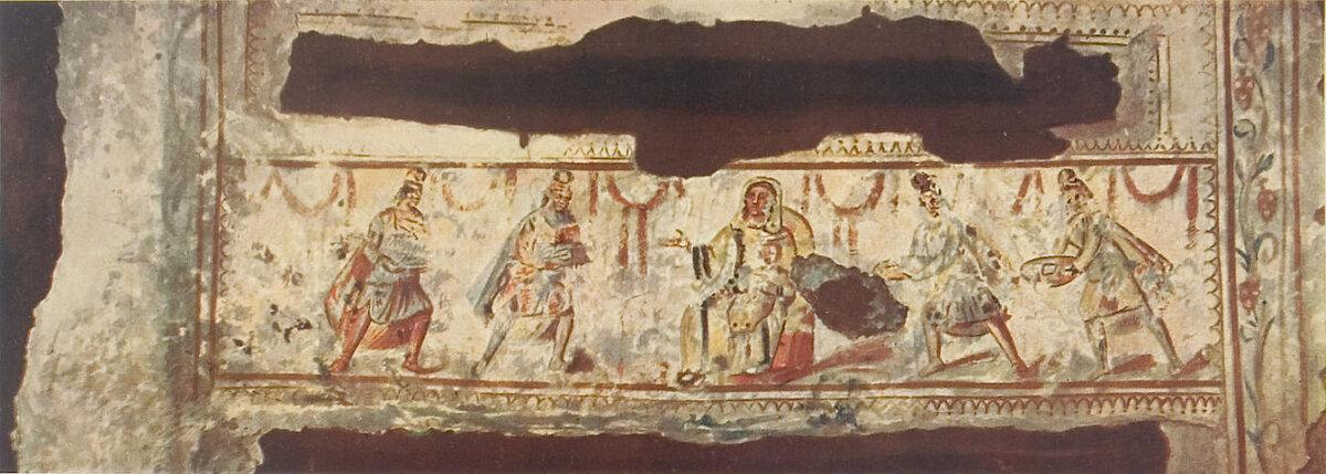 "Adoration of the Magi,” a 4th-century fresco in the Catacombs of Domitilla, Rome. (Public Domain)