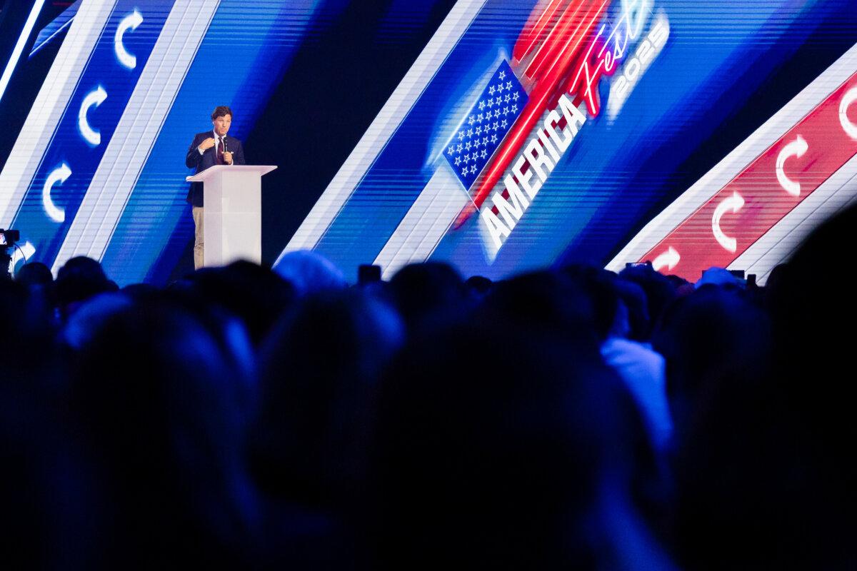 Tucker Carlson speaks at Turning Point USA's America Fest in Phoenix, AZ., on Dec. 18, 2025. (John Fredricks/The Epoch Times)