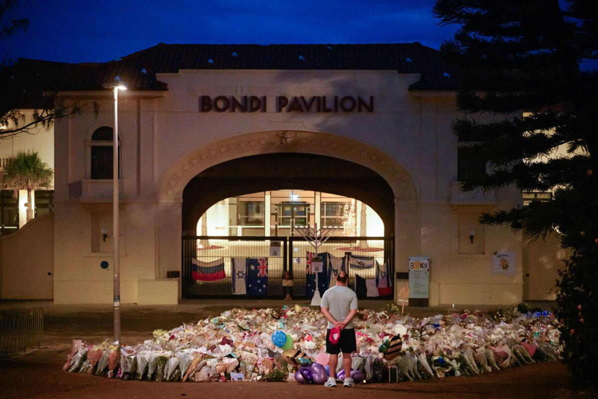 Tthe memorial at Bondi Pavilion before dawn on Dec. 20, 2025 in Sydney, Australia. (George Chan/Getty Images)
