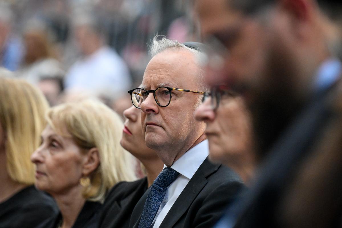 Australian Prime Minister Anthony Albanese attends memorial for Bondi victims in Sydney, Australia, on Dec. 21, 2025. (Izhar Khan/Getty Images)