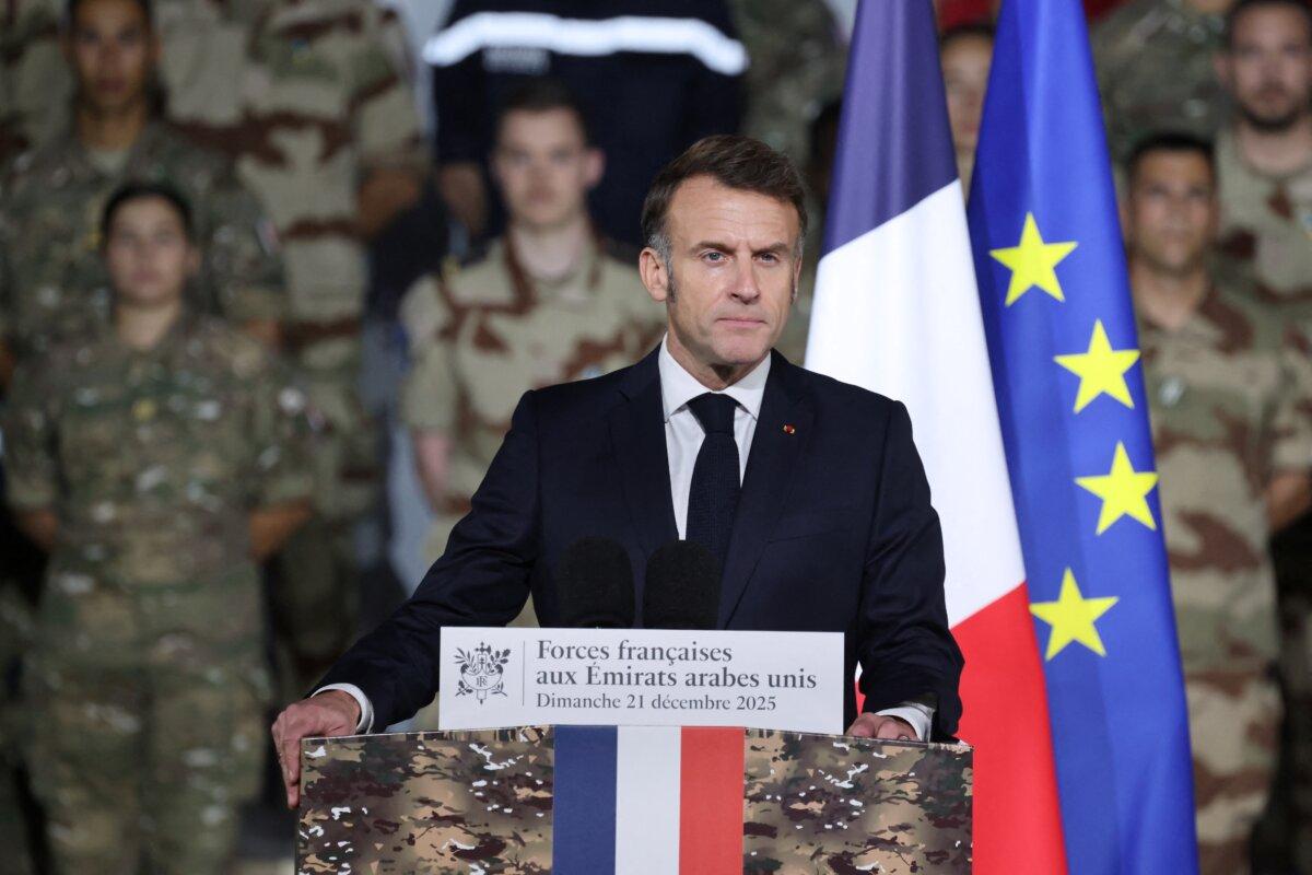 French President Emmanuel Macron addresses French troops during a ceremony at the 5th Cuirassier Regiment's base in Zayed Military City, near Abu Dhabi, on Dec. 21, 2025. (Ludovic Marin/AFP via Getty Images)