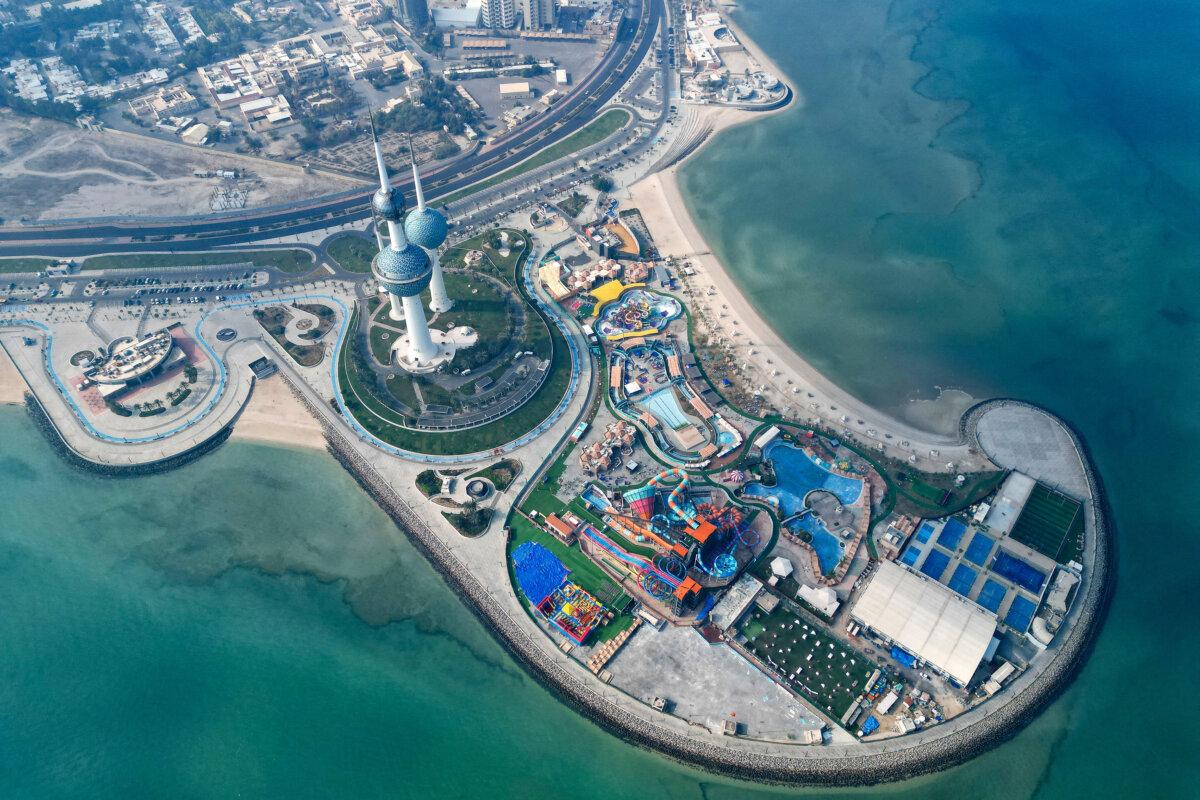 This aerial view shows the Kuwait Towers and the Aqua Park in Kuwait City on December 22, 2025. (Yasser Al-Zayyat/AFP via Getty Images)
