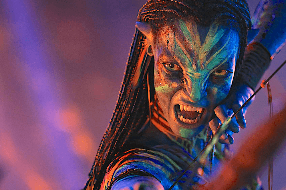 Neytiri (Zoe Saldaña), wife of Jake Sully, on the warpath in "Avatar: Fire and Ash." (20th Century Studios)