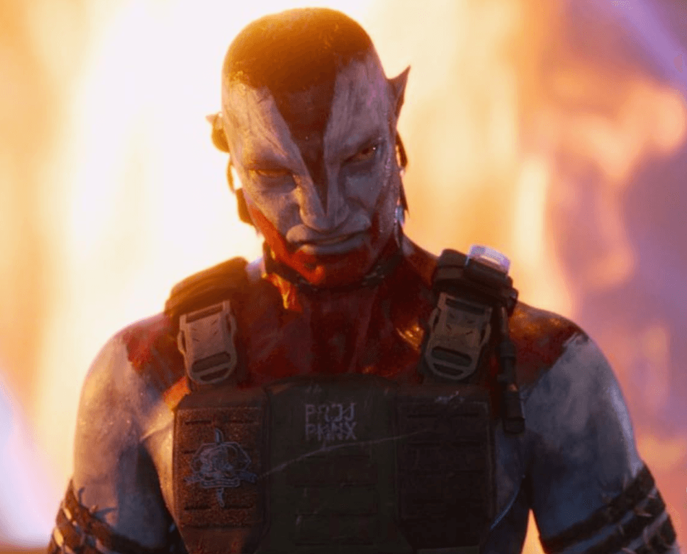 Marine Col. Miles Quaritch (Stephen Lang) wearing Mangkwan warpaint, in "Avatar: Fire and Ash." (20th Century Studios)