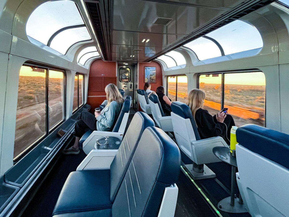 Passengers relax in the Sightseer Lounge on Amtrak’s Southwest Chief. (Christopher Reynolds/Los Angeles Times/TNS)