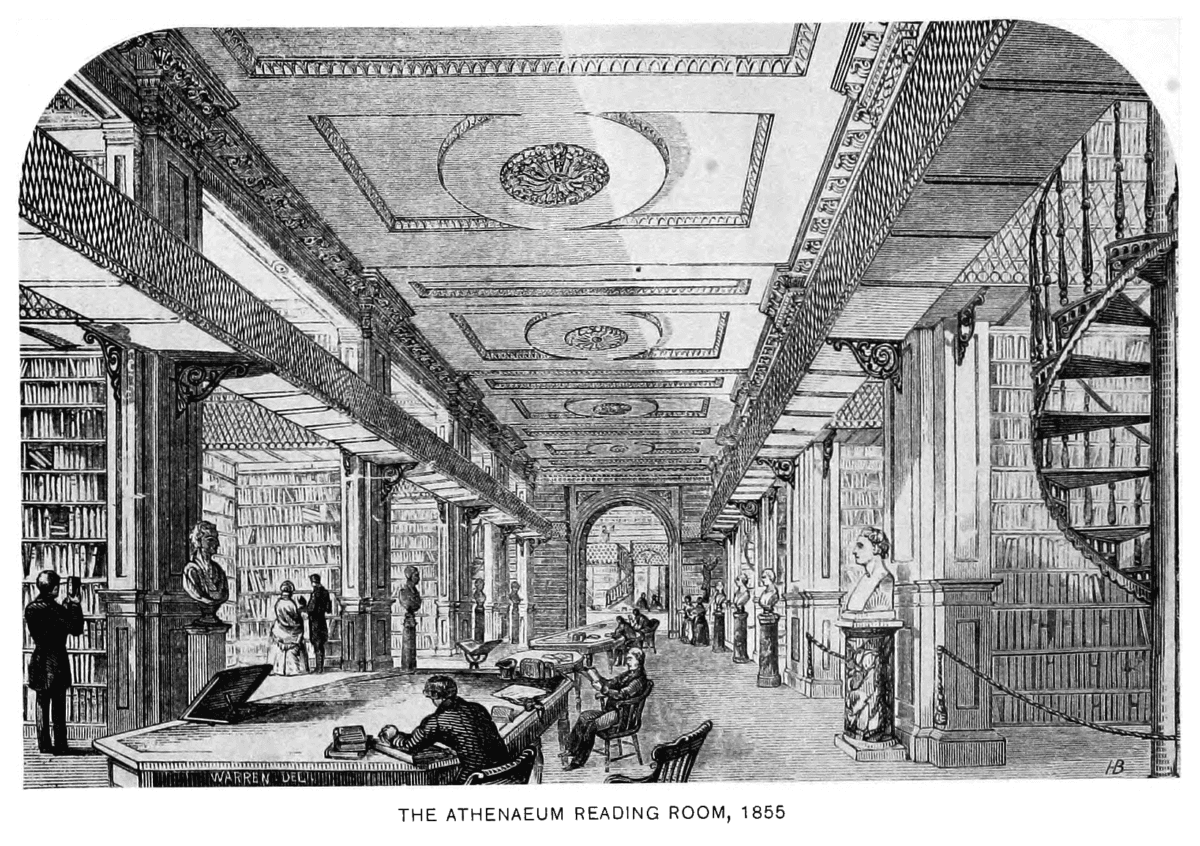 Interior of the Boston Athenaeum, circa 1855, where Hannah Adams did some research. (Public Domain)