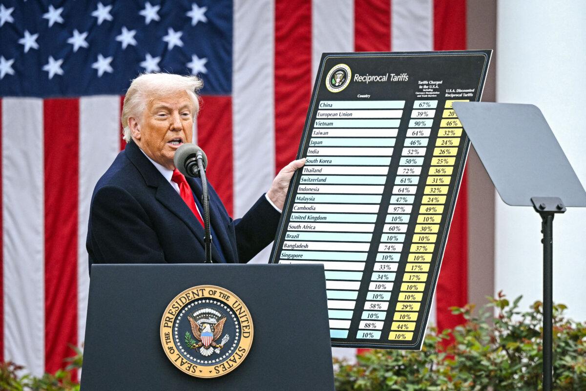 President Donald Trump holds a chart as he delivers remarks on reciprocal tariffs during his "Liberation Day" event in the Rose Garden at the White House on April 2, 2025. (Brendan Smialowski/AFP via Getty Images)