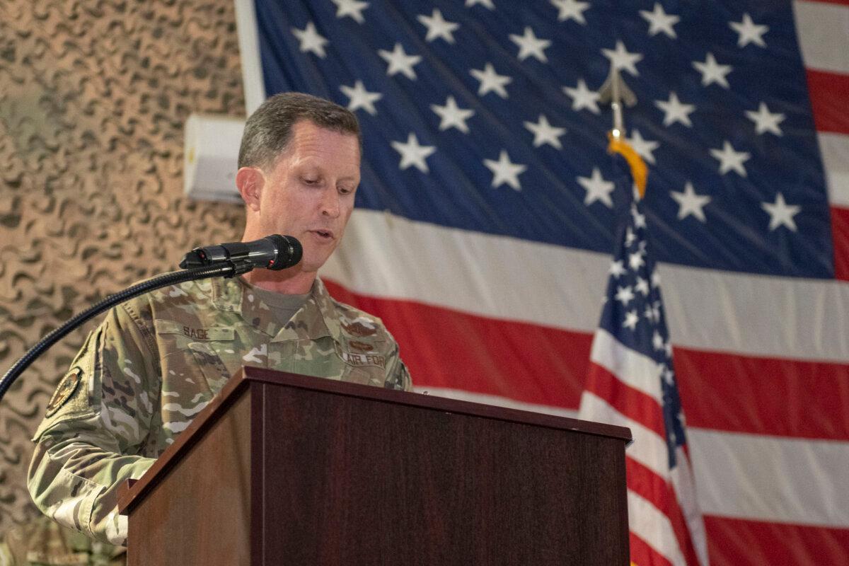 U.S. Air Force Brig. Gen. Christopher Sage, 332nd AEW incoming commander, speaks during his Change of Command ceremony July 12, 2020. (U.S. Air Force photo by Senior Airman Cameron Otte)