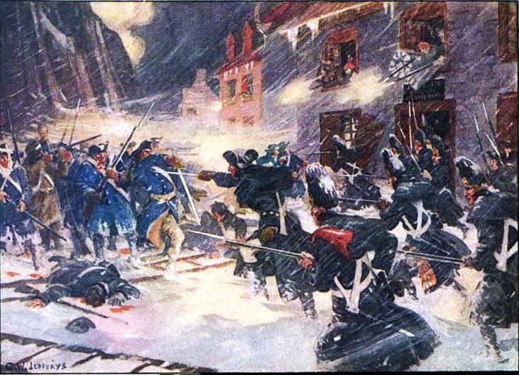 "British and Canadian forces attacking Arnold's column in the Sault-au-Matelot," by Charles William Jefferys.<br/>Arnold's column is shattered in fierce street fighting during the Battle of Quebec. (Public Domain)