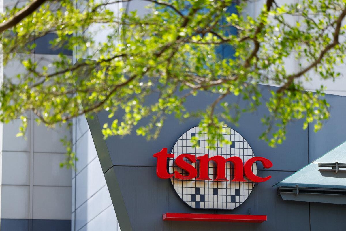 The TSMC logo is displayed on a building in Hsinchu, Taiwan, on April 15, 2025. (Ann Wang/Reuters)