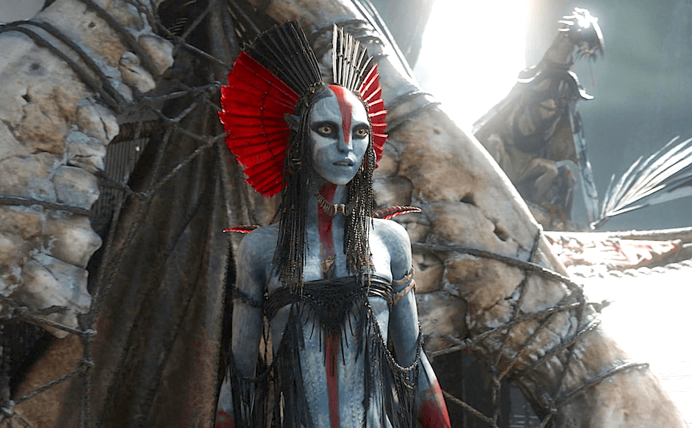 Varang (Oona Chaplain), leader of the Mangkwan clan, in "Avatar: Fire and Ash." (20th Century Studios)