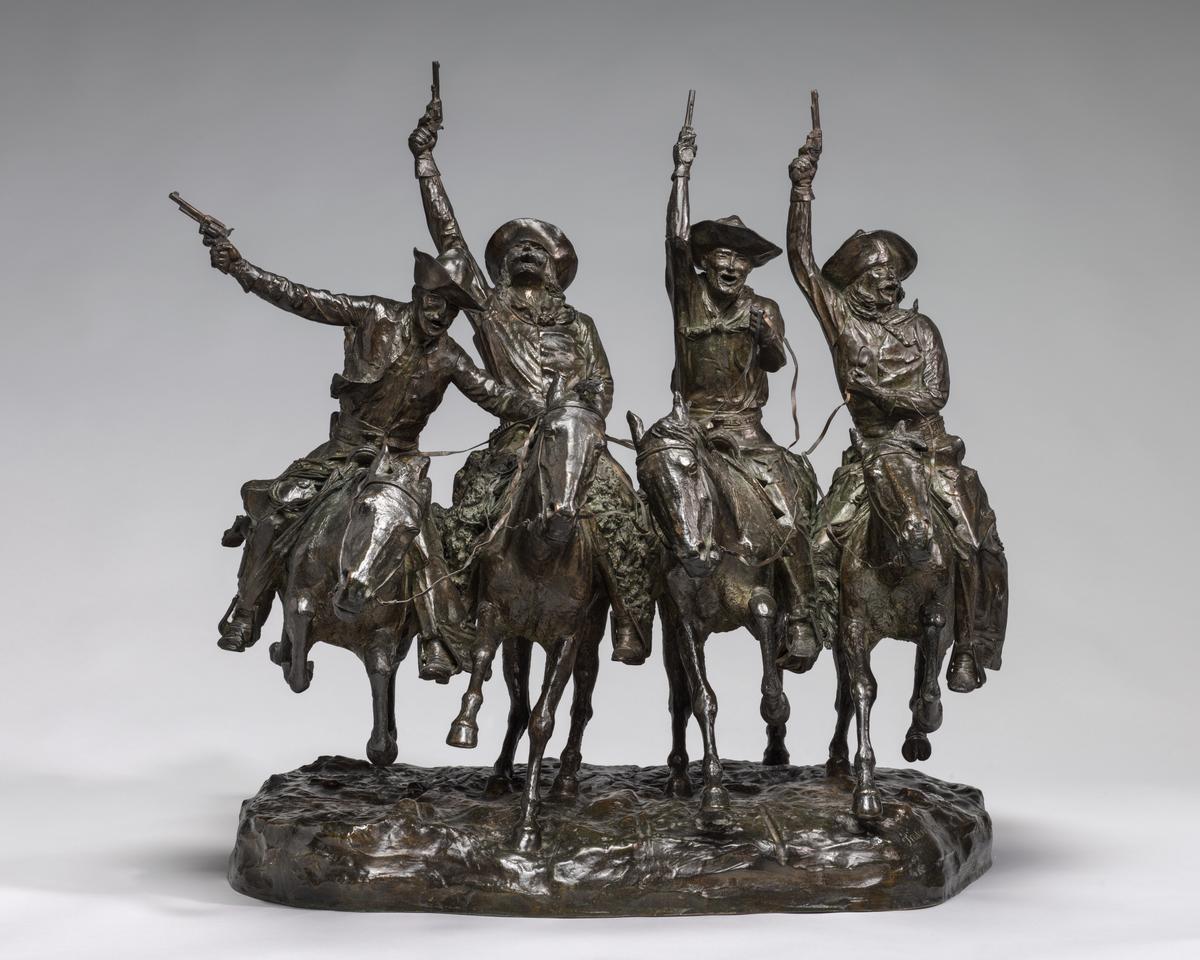 Front view of "Off the Range (Coming Through the Rye),"model 1902, cast 1903, by Frederic Remington. Bronze; 28 3/4 inches by 28 inches by 28 5/8 inches. National Gallery of Art, Washington. (Public Domain)