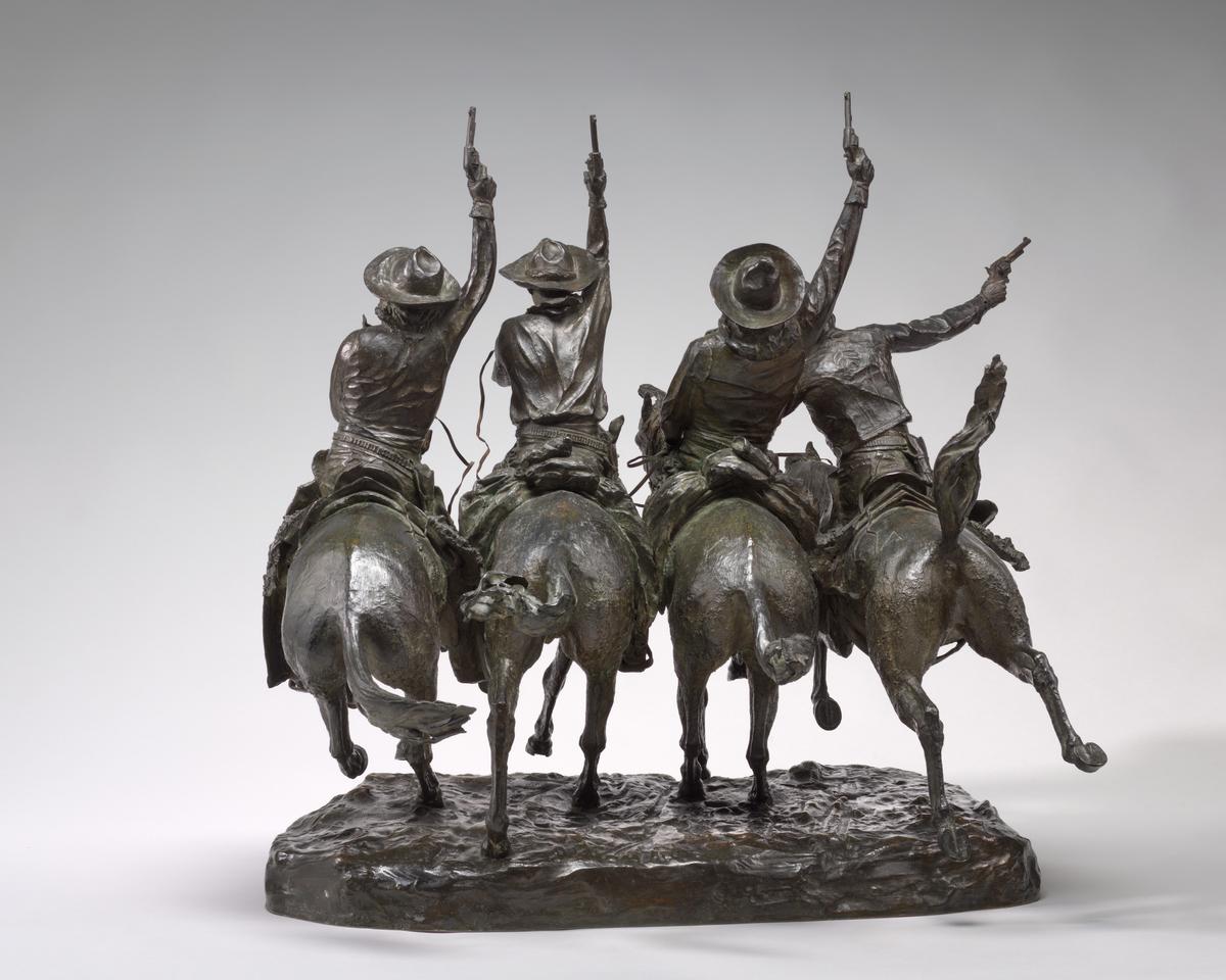 Back view of "Off the Range (Coming Through the Rye),"model 1902, cast 1903, by Frederic Remington. Bronze; 28 3/4 inches by 28 inches by 28 5/8 inches. National Gallery of Art, Washington. (Public Domain)