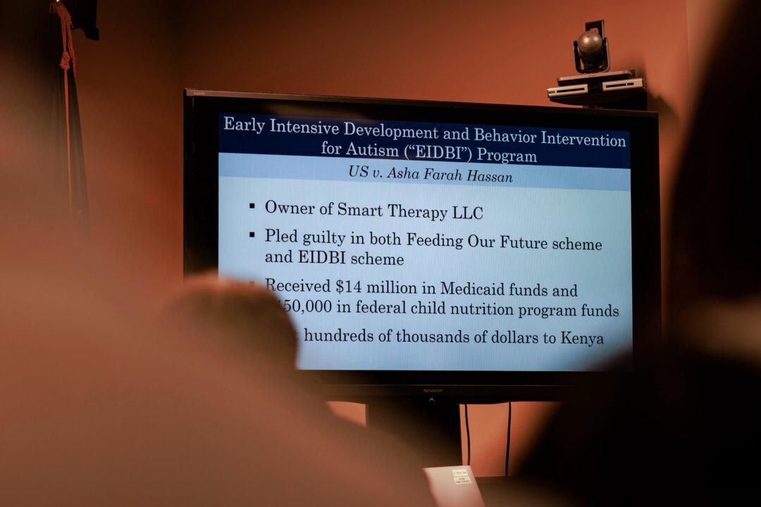 A slide outlining details is displayed during remarks by the U.S. Attorney's Office at a news conference at the United States Courthouse on Thursday, Dec. 18, 2025, in Minneapolis. (Kerem Yücel/Minnesota Public Radio via AP)