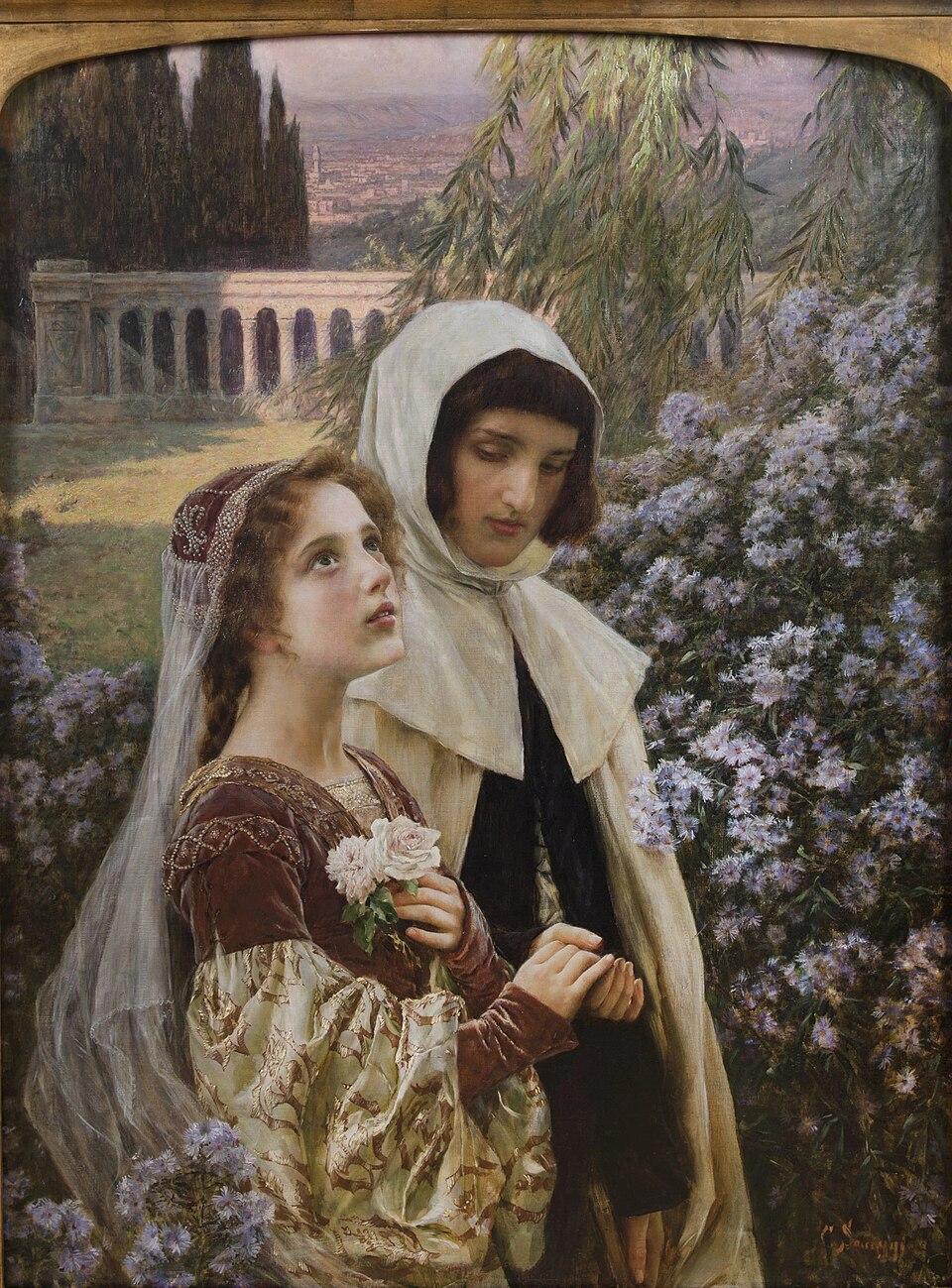 "Incipit Vita Nova," 1903, by Cesare Saccaggi. This painting depicts Dante and Beatrice together. (Public Domain)
