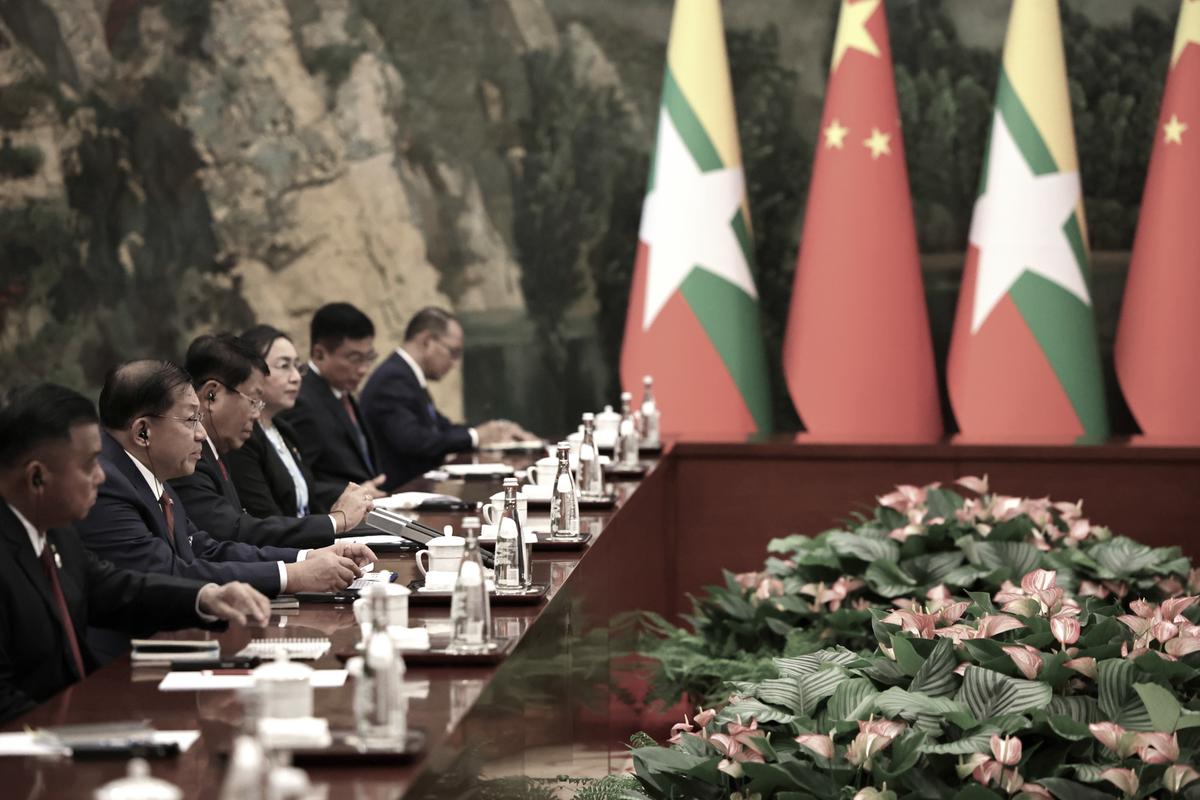 Myanmar's military chief, Senior General Min Aung Hlaing (2 L) speaks during a bilateral meeting with China's President Xi Jinping, ahead of the Shanghai Cooperation Organization (SCO) Summit 2025, in the Guest House of Tianjin, on Aug. 30, 2025 in Tianjin, China. (Andres Martinez Casares - Pool/Getty Images)
