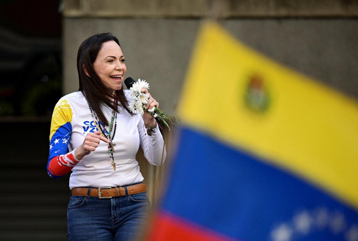 Venezuelan opposition leader María Corina Machado addresses supporters at a protest ahead of the inauguration of President Nicolás Maduro for his third term, in Caracas, Venezuela, on Jan. 9, 2025. (Gaby Oraa/Reuters)
