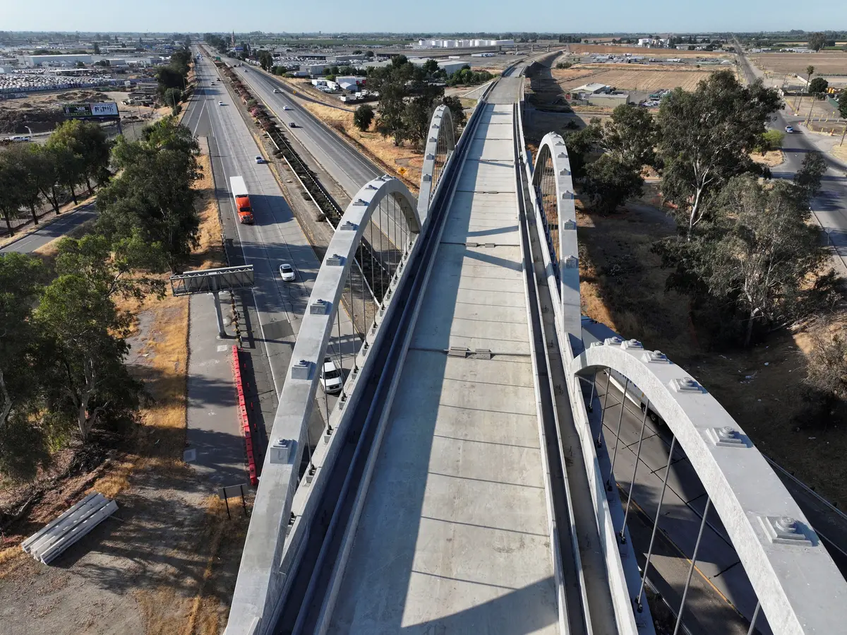 A drone view of a California High-Speed Rail Bridge where it crosses over Highway 99 in Fresno, Calif., on June 8, 2025. (Fred Greaves/Reuters)