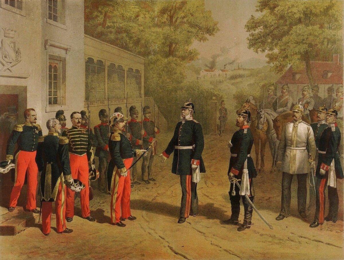 “Surrender of Napoleon III After the Battle of Sedan, 1 September 1870.” Lithograph by von Breidenbach & Co. Dd., 1875. (Public Domain)