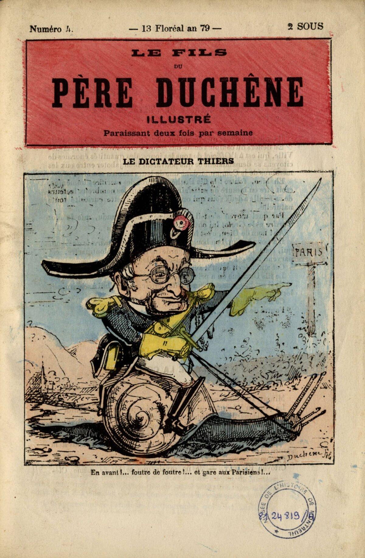A caricature ridiculing Adolphe Thiers, head of the provincial French government, in a newspaper of the Paris Commune in Le Fils du Père Duchêne. (Public Domain)