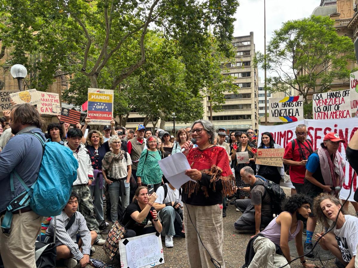 Socialists gathered to oppose America's actions in Venezuela at planned protests around the country. They are pictured in Sydney on Jan. 4, 2026. (Hailey Do/The Epoch Times)