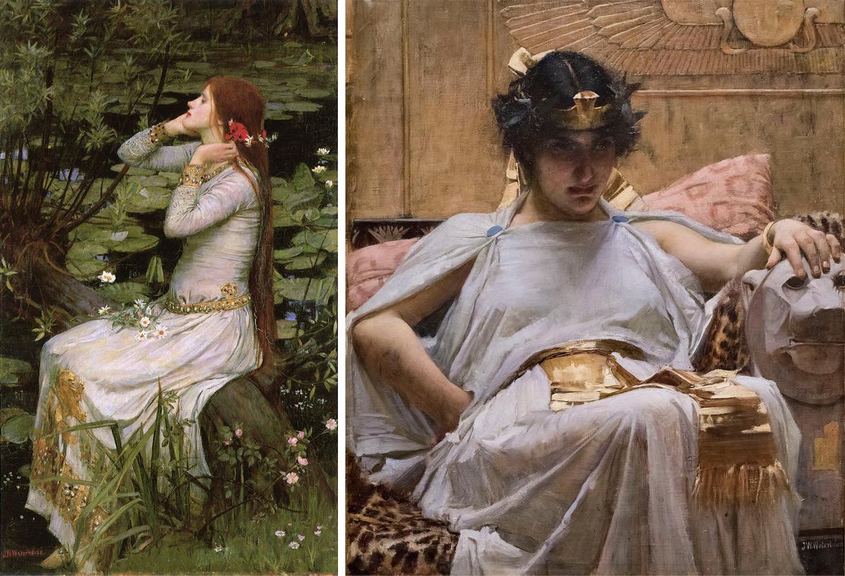 (Left) “Ophelia,” 1894, by John William Waterhouse. (Right) “Cleopatra,” circa 1887, by John William Waterhouse. Oil on canvas. Private collection. (Public Domain)