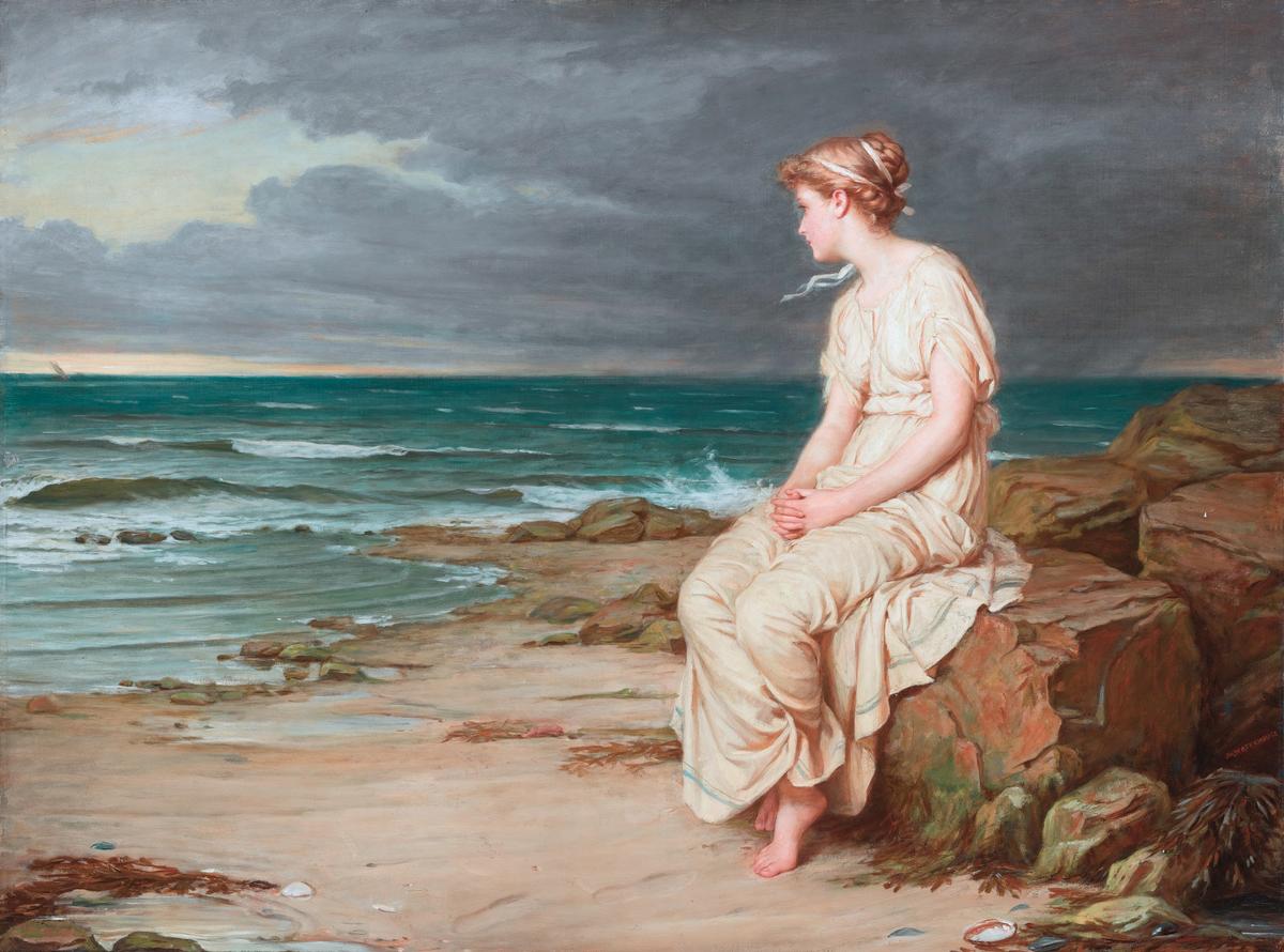 "Miranda," 1875, by John William Waterhouse. Oil on canvas; 30 inches by 40 inches. Private collection. (Public Domain)