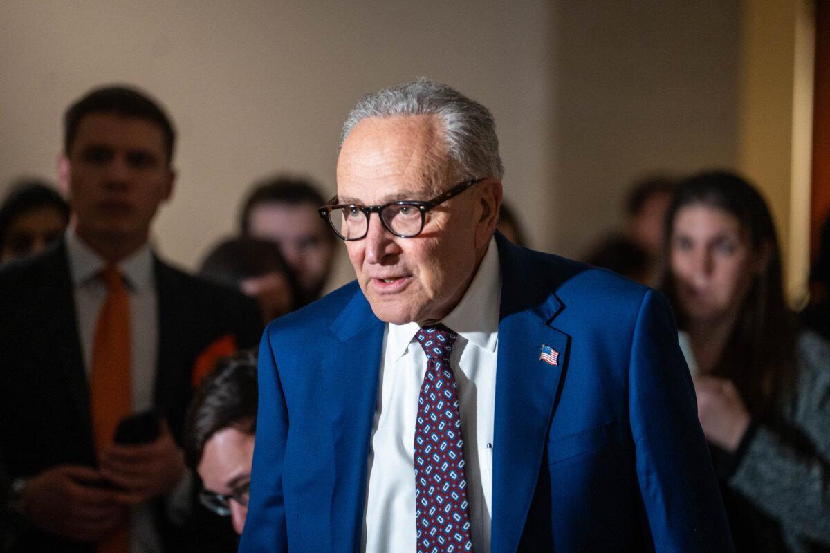 Senate Minority Leader Chuck Schumer (D-N.Y.) speaks to reporters in Washington on Jan. 5, 2026. (Madalina Kilroy/The Epoch Times)