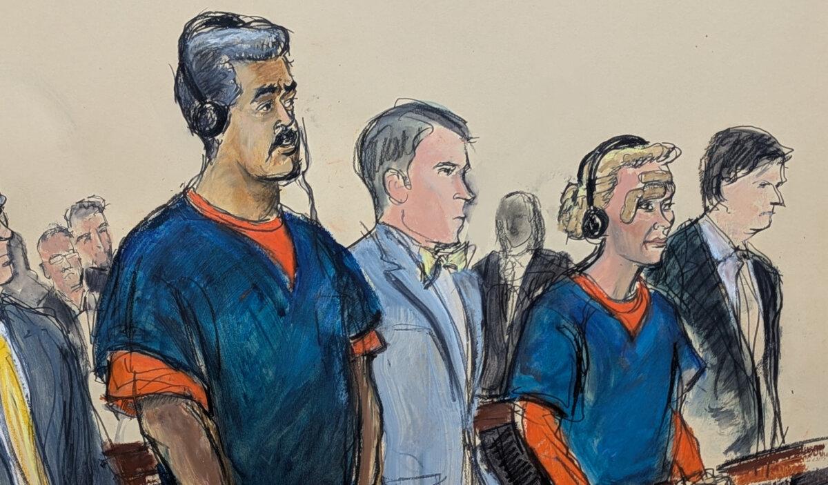 In this courtroom sketch, Venezuelan leader Nicolás Maduro (L) and his wife, Cilia Flores (2nd R) appear in Manhattan federal court with their defense attorneys Mark Donnelly (2nd L) and Andres Sanchez, on Jan. 5, 2026, in New York. (Elizabeth Williams via AP)