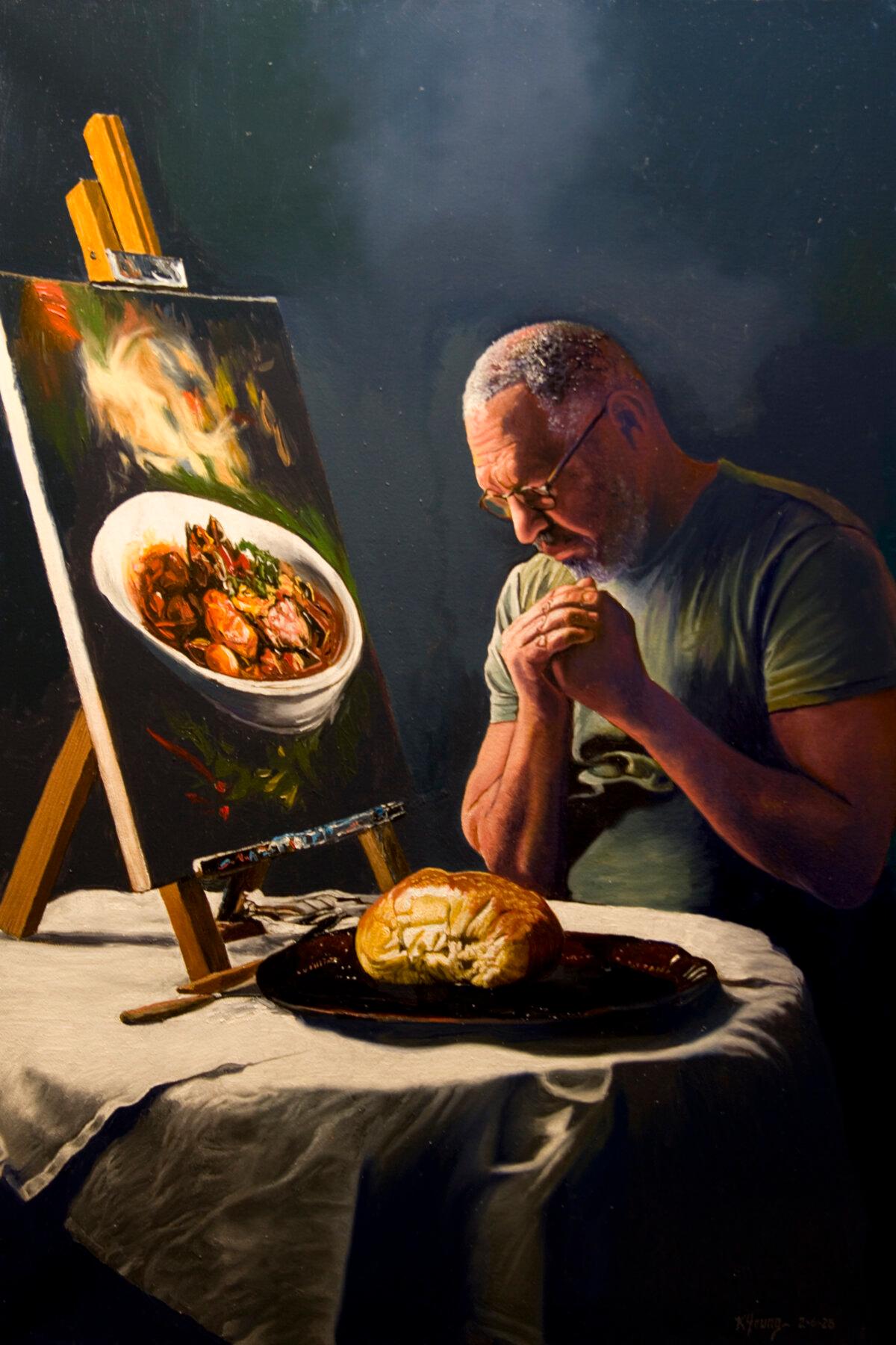 “The Artist's Prayer,” 2025, by Kenneth Young. Oil on canvas; 36 inches by 24 inches. (Courtesy of NTD International Figure Painting Competition)