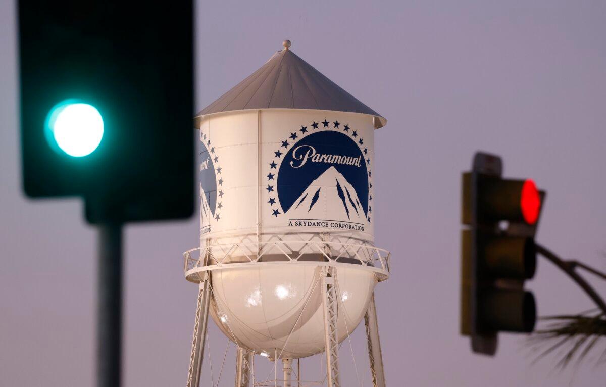 The Paramount logo is displayed on the water tower at Paramount Studios in Los Angeles, Calif., on Dec. 8, 2025. (Mario Tama/Getty Images)