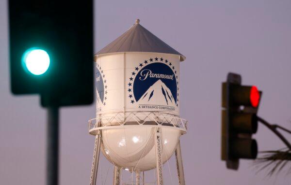 The Paramount logo is displayed on the water tower at Paramount Studios in Los Angeles, Calif., on Dec. 8, 2025. (Mario Tama/Getty Images)